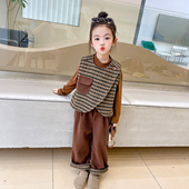 女童秋冬装 马甲T恤 裤 2023新款 子加绒3件套女宝宝洋气加厚套装 冬
