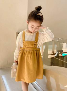 女童春装新款背带裙子黄色连衣裙