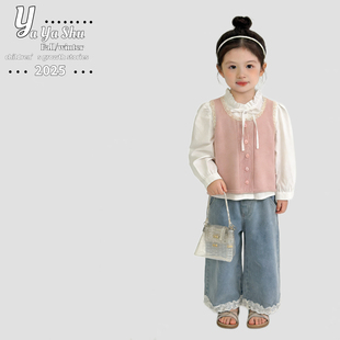 爆款110-150码2026新款春装女童黄色针织马甲翻领娃娃衫2件套装