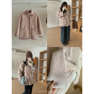 香香的蕉 粉色立领麂皮羊羔毛外套秋冬季加厚皮毛一体上衣