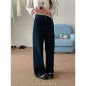 女复古藏青色宽松直筒裤 高腰原色牛仔裤 子 蕉 香香