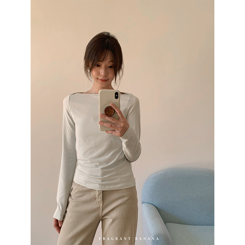 香香的蕉 一字肩船领纯色长袖T恤女温柔风修身内搭上衣