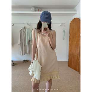 香香的蕉 橘色蕾丝风琴褶吊带裙重工设计感连衣裙女