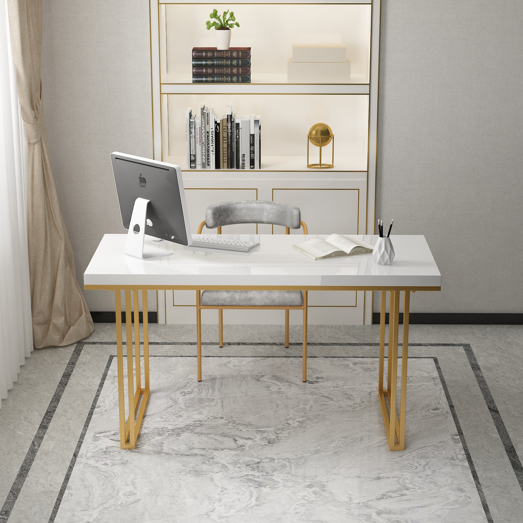 现代简约铁艺小户型电脑桌书桌椅组合家用书房写字台实木办公桌