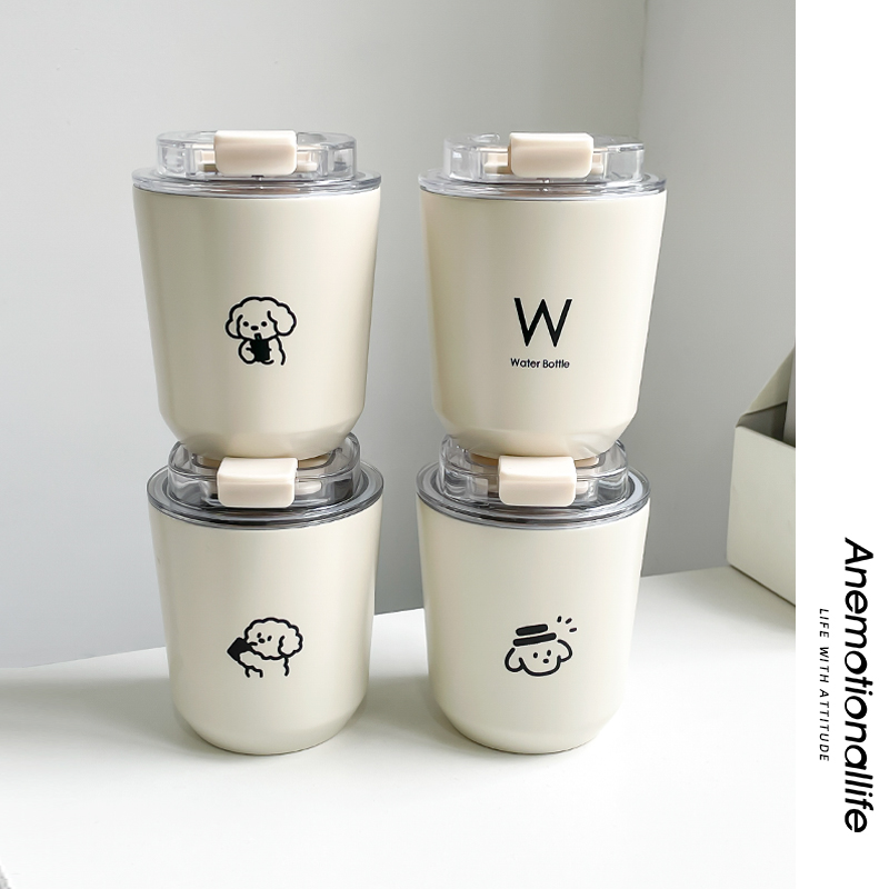 韩式简约小狗咖啡杯子小众设计W精致办公桌面情侣小巧翻盖保温杯