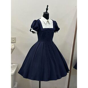 藏蓝物语 夏季日系优雅文静复古cla系Lolita设计感拼接收腰连衣裙