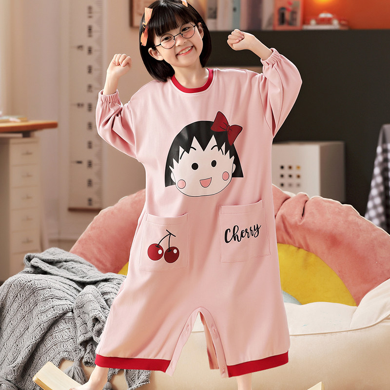 CHILDRENS ONE-PIECE PAJAMAS SUMMER COTTON MIDDLE AND LARGE CHILDREN CHILDREN GIRLS THIN KICK-PROOF LONG-SLEEVED BABY CUTE LOUNGEWEAR