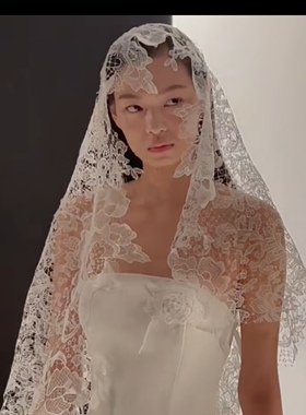 新款网红手工蕾丝头纱婚纱写真拍照道具新娘森系遮面头纱中长款