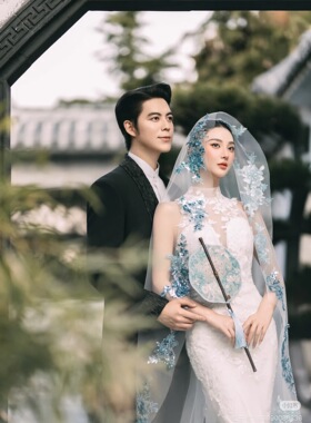 新款新娘蓝色高级感珠绣蕾丝头纱设计款森系影楼外景拍照道具