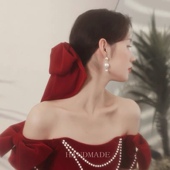 韩式 新娘蝴蝶结发夹复古气质晚礼服酒红色配饰