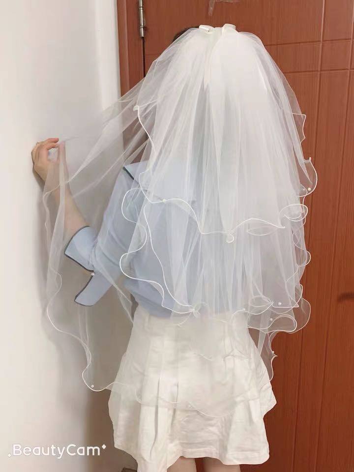 白色森系头纱婚纱网红头纱旅拍照道具4层珍珠蝴蝶结新娘写真道具