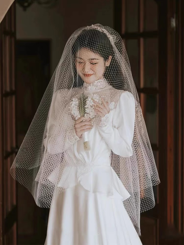 法式复古网格头纱氛围感遮面新娘结婚领证登记拍照道具不含花环