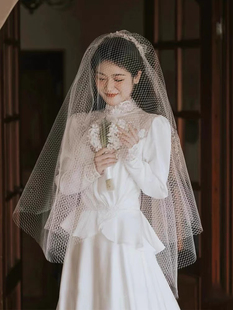 法式复古网格头纱氛围感遮面新娘结婚领证登记拍照道具不含花环