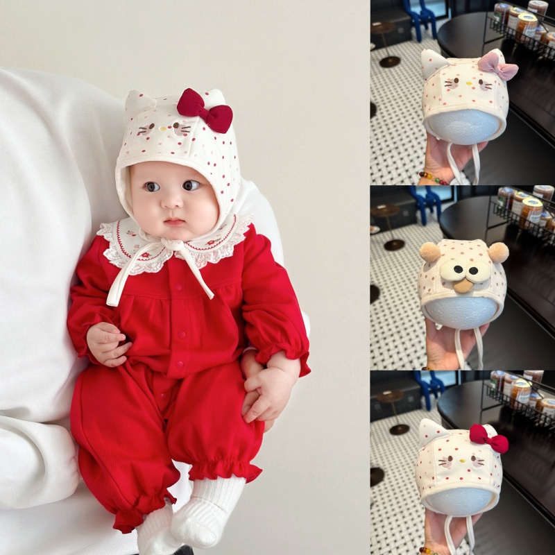 婴儿帽子女宝宝护耳帽可爱超萌kt猫婴幼儿春秋薄款系带胎帽卤门帽
