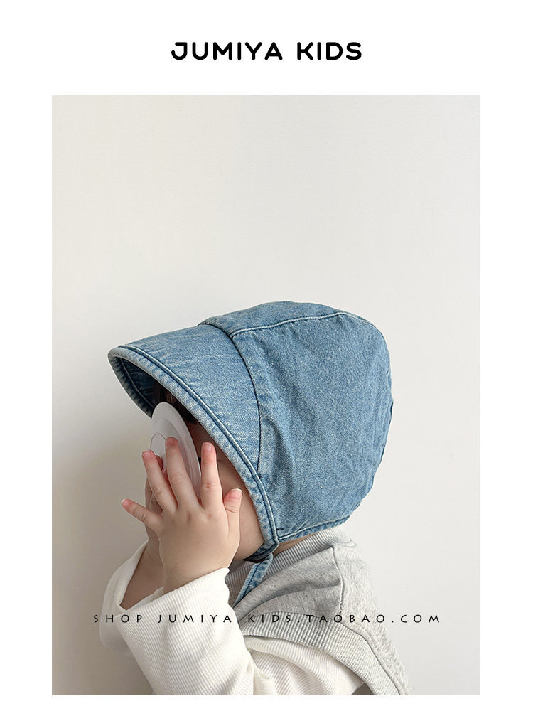 ins潮酷牛仔男宝宝帽子春秋薄款护耳帽新生儿遮阳秋季系带套头帽