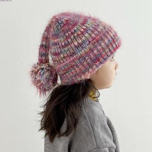 儿童帽子秋冬季新款彩色护耳帽宝宝毛线吊球套头帽女童保暖针织帽