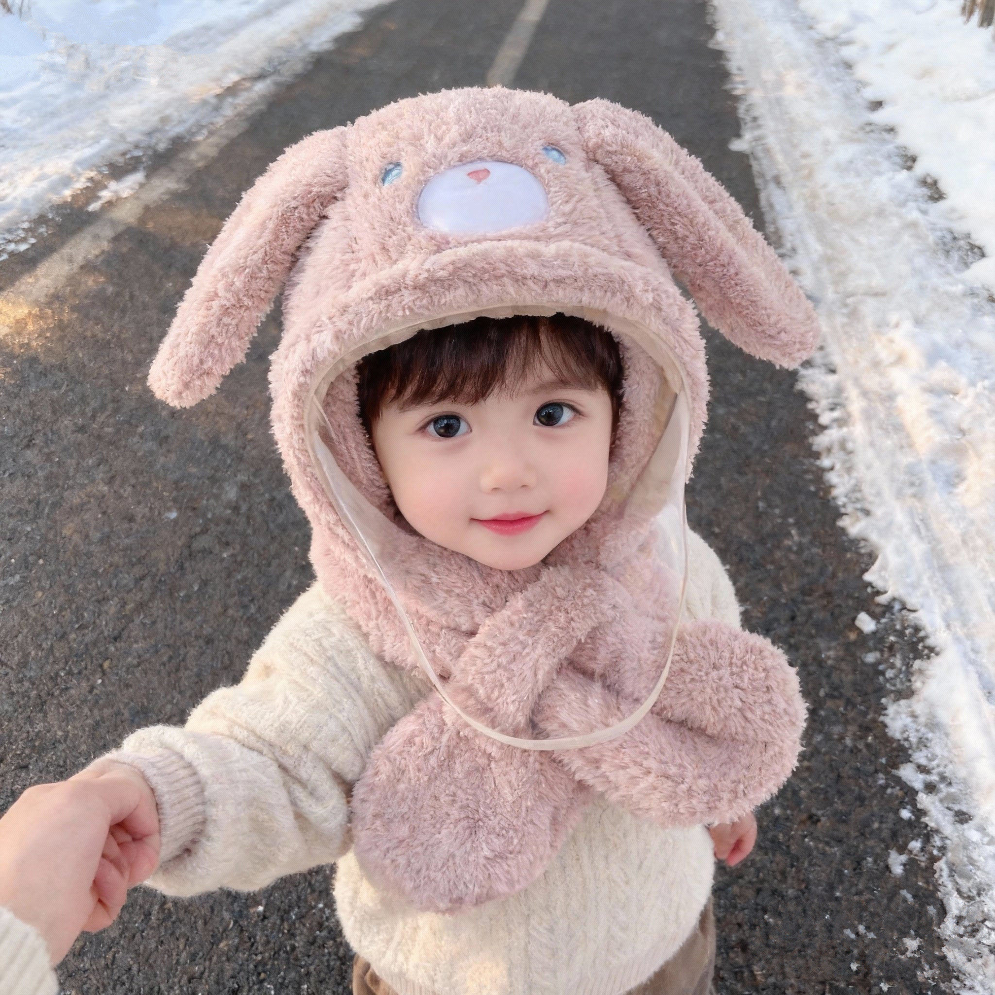宝宝帽子围巾一体带面罩可爱超萌兔耳朵男女儿童毛绒护耳套头帽潮