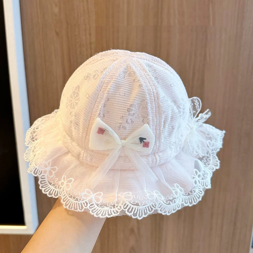 韩芷若婴儿帽子春夏季渔夫帽遮阳薄款防晒女宝宝洋气蕾丝盆帽