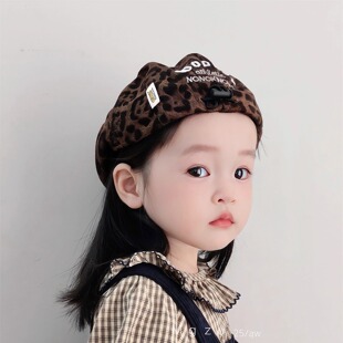儿童帽子春秋款时髦女童画家贝雷帽韩版miu风豹纹男女宝宝鸭舌帽