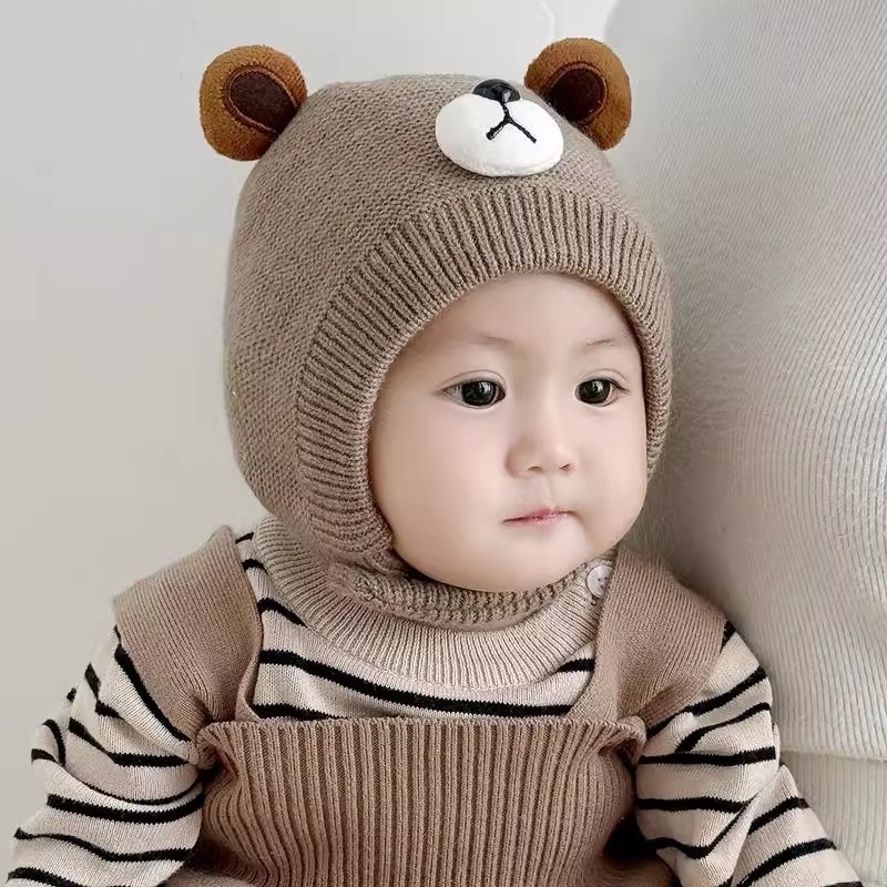 秋冬季宝宝套头护耳帽子可爱超萌小熊包脸帽男女婴幼儿加厚保暖帽