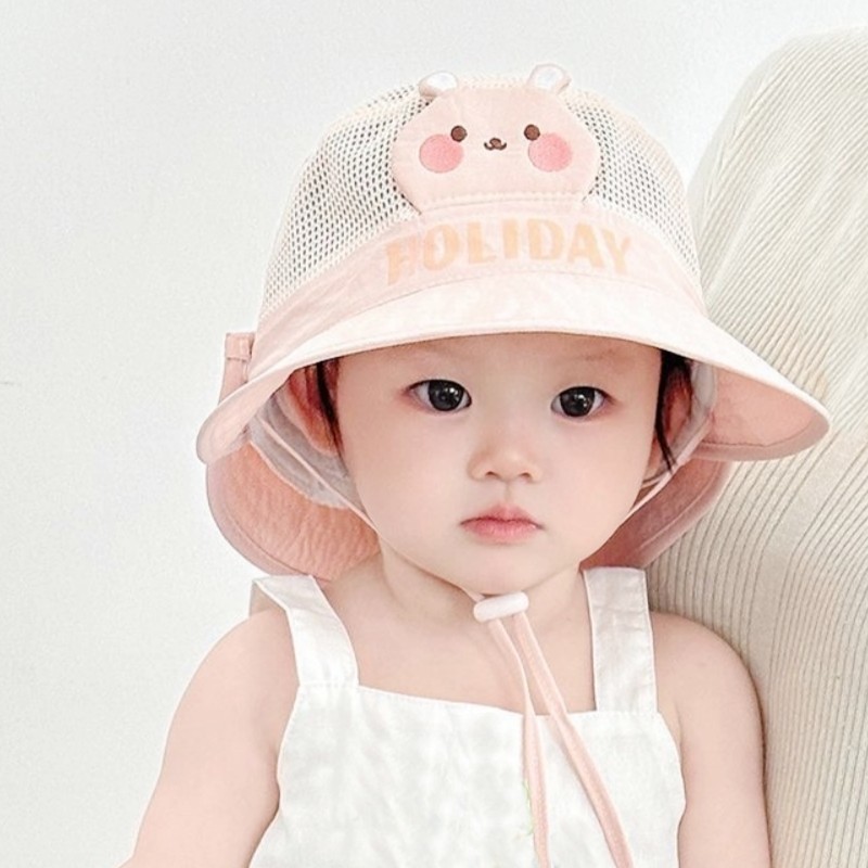 夏季宝宝帽子薄款透气防晒遮阳帽卡通男女儿童户外披肩太阳渔夫帽