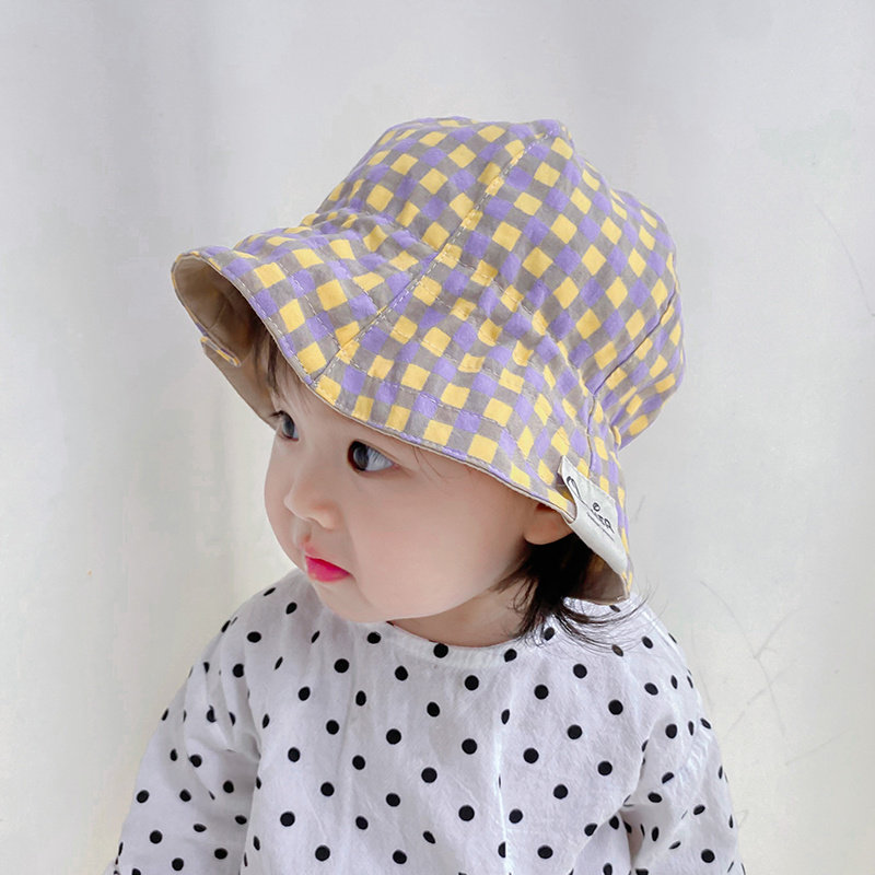 婴儿帽子春秋薄款渔夫帽宝宝夏季可调节儿童韩版格子防晒遮阳帽女