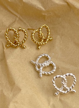 vogueess小众设计925纯银麻花打结爱心耳钉碱水包耳环复古可爱ins