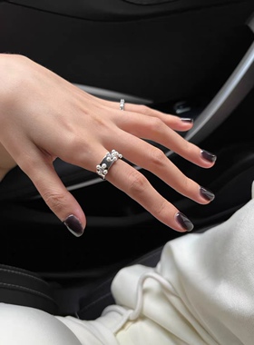 vogueesa通体纯银戒指立体爱心珍珠花指环时髦开口可调蝴蝶结少女