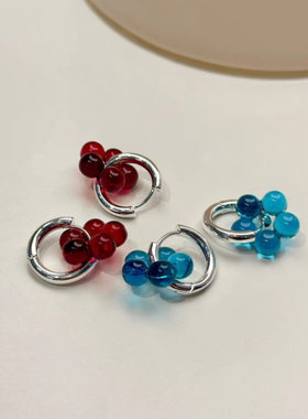 vogueess夏季新款莓果色系花朵串珠耳环圈高级感耳钉显白立体复古