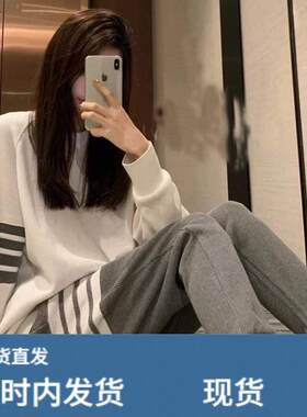 春秋新款减龄洋气时尚四条杠休闲运动白色长袖卫衣卫裤子两件套装