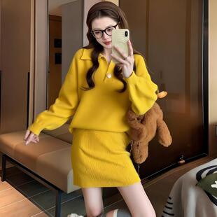 黄色Polo领毛衣女款2026新款秋冬季绝美巨好看的打底衫可内搭外穿