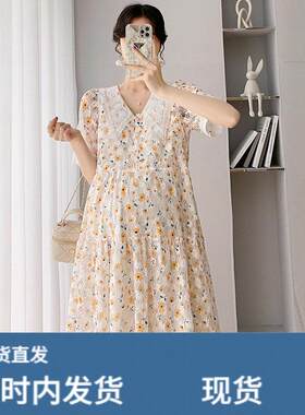 孕妇装连衣裙夏款潮妈时尚娃娃领碎花雪纺小个子哺乳裙子夏季薄款