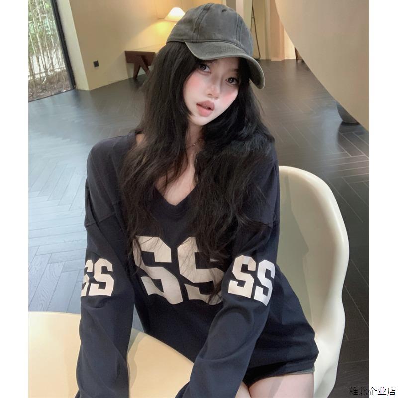 美式字母印花长袖T恤女秋季慵懒中长款上衣巨好看宽松打底衫外穿