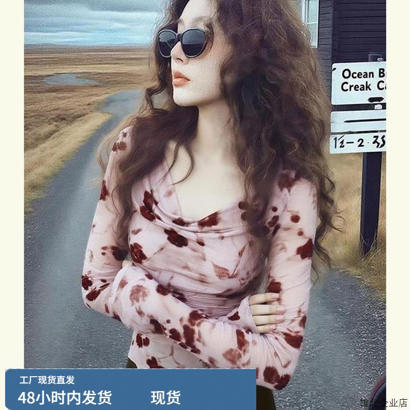 2025超火洋气减龄上衣高级小众不撞款独特漂亮碎花长袖T恤早秋女