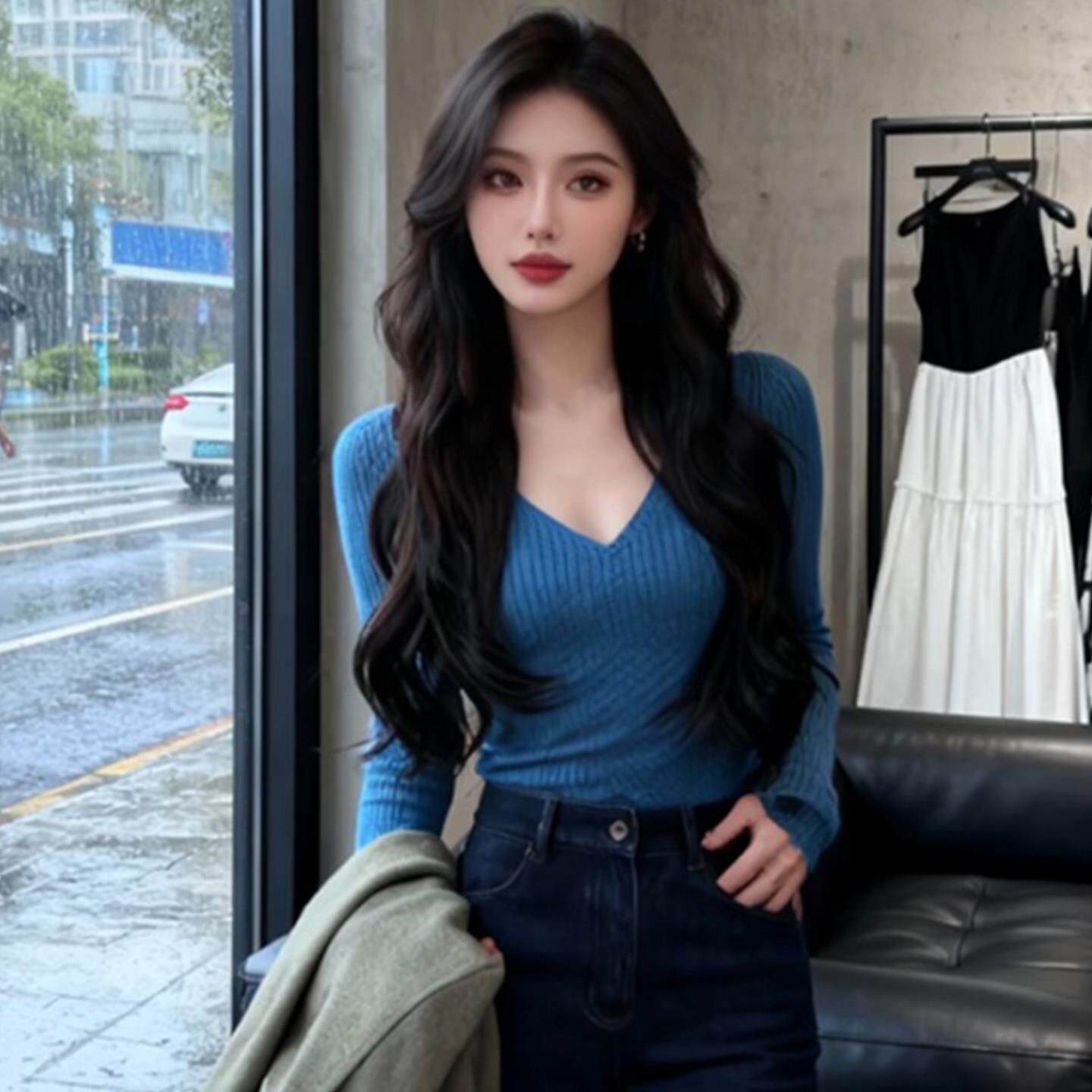 韩式蓝色V领修身针织衫女2026春秋高级感套头麻花毛衣打底衫绝美