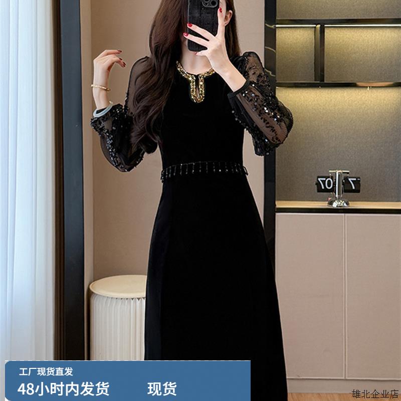 名媛千金感穿搭长袖连衣裙女秋冬高级感重工钉珠巨好看的丝绒长裙