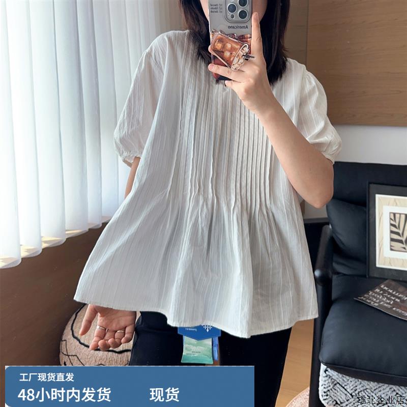 盐甜系娃娃衫文艺风琴褶宽松衬衫女 甜美A摆显瘦气质短袖上衣夏