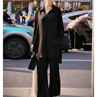 胖妹妹宽松休闲轻薄透气套装女春季遮肉显瘦垂感衬衫阔腿裤两件套
