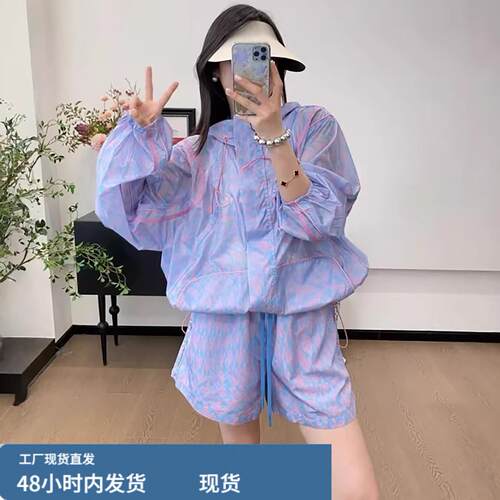 大码胖mm宽松速干防晒衬衫短裤两件套夏季轻薄透气休闲运动套装女