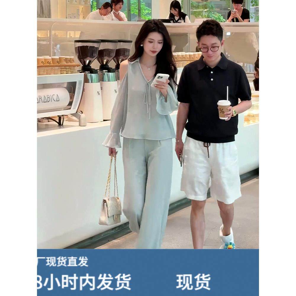 法式高级感气质露肩系带长袖上衣女高腰显瘦直筒裤套装夏季新款潮,孕妇装/孕产妇用品/营养,套装,淘宝优惠券,粉丝福利购,淘宝优惠卷