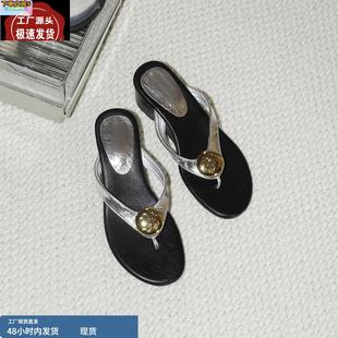 气质复古圆头厚底坡跟小众设计夏季 羊皮版 外穿简约百搭女人字拖