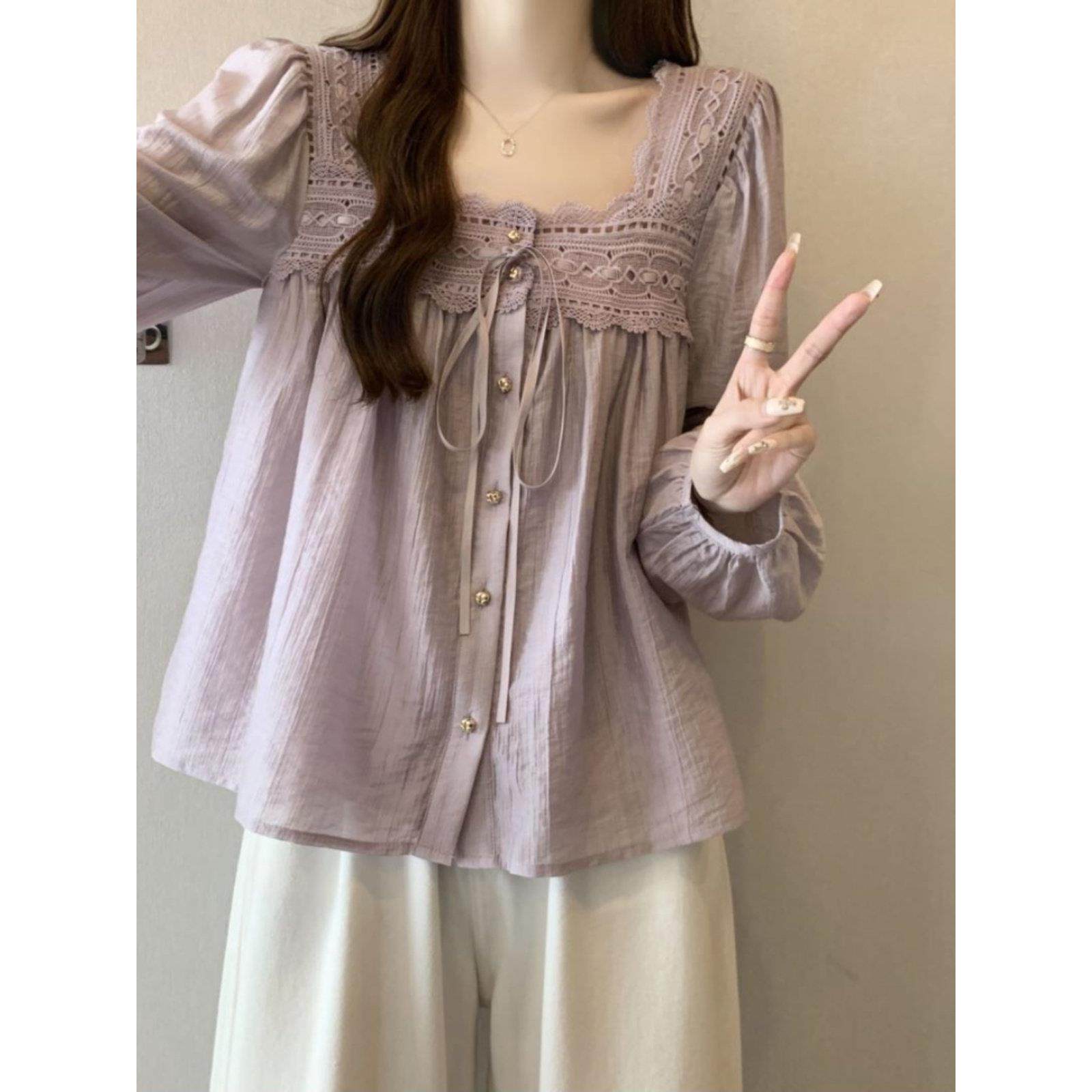 大码初夏淡人穿搭紫色方领衬衫女胖mm显瘦遮肉正肩蕾丝娃娃衫上衣,模玩/动漫/周边/娃圈三坑/桌游,Cosplay女装/cos女装,淘宝优惠券,粉丝福利购,淘宝优惠卷