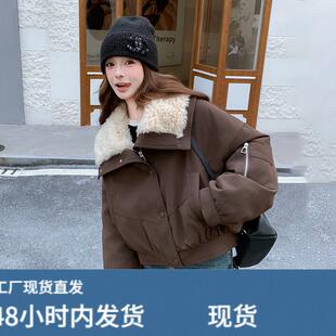 咖色派克羽绒服女冬季2025新款复古休闲羊羔毛翻领加厚白鸭绒外套