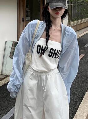 蓝色棉麻衬衫女夏季薄款慵懒风短款防晒外套吊带外搭亚麻开衫上衣