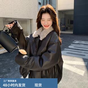 深咖色羊羔毛领皮衣羽绒服女2025冬季甜酷保暖机车风90白鸭绒外套