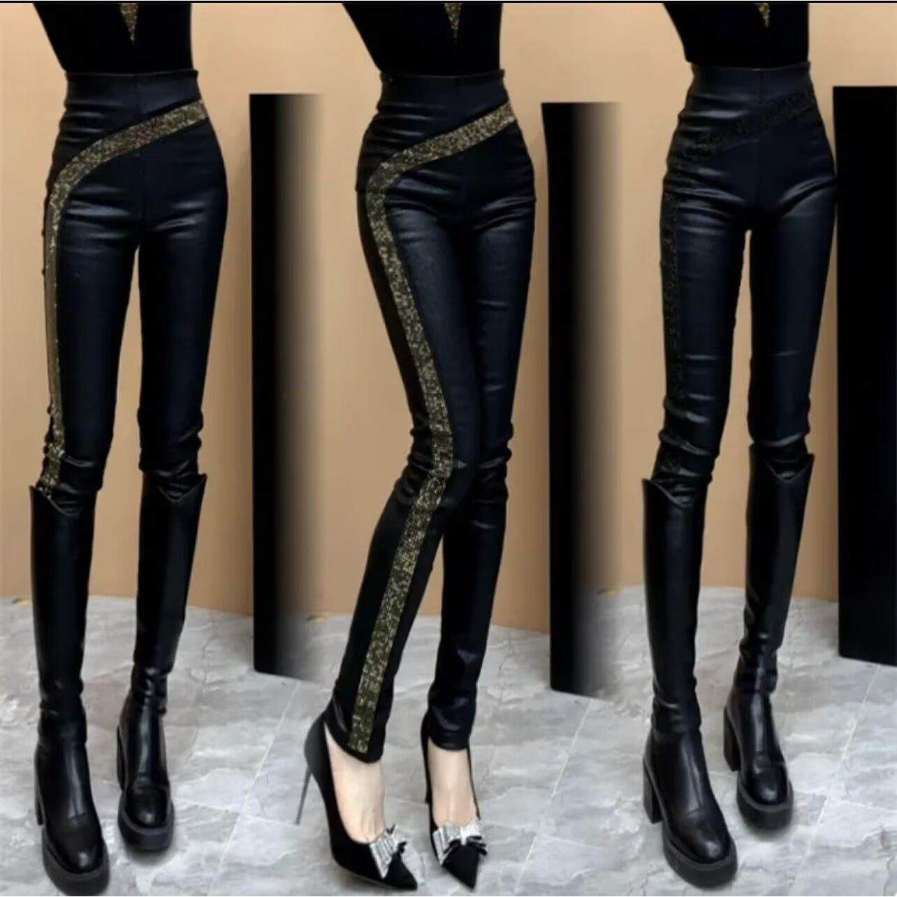 高腰烫钻拼接加绒皮裤女2025秋冬新款时尚设计感修身显瘦小脚裤潮,模玩/动漫/周边/娃圈三坑/桌游,Cosplay女装/cos女装,淘宝优惠券,粉丝福利购,淘宝优惠卷