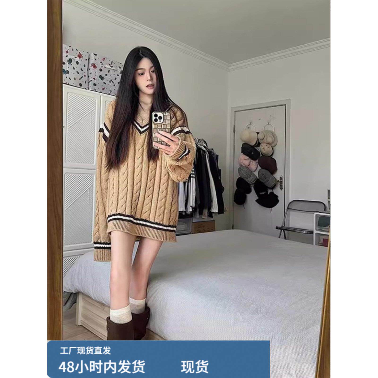 学院风覆古别致减龄麻花v领毛衣女装秋冬慵懒风宽松套头针织上衣