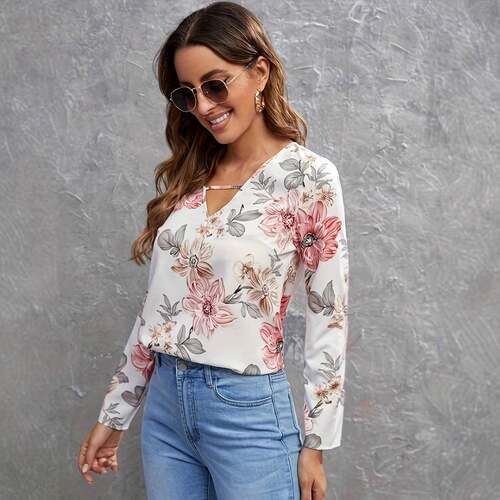 One women's floral-print V-neck long-sleeved shirt  great