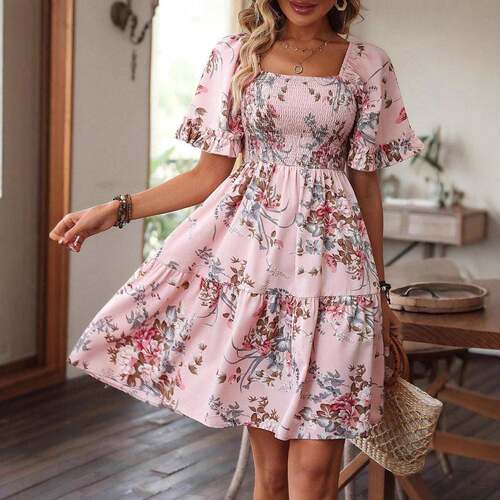 Women's Floral Print Ruffle Hem Shirred Slim Woven A Line