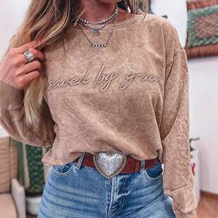 Women's Saved by Grace Letter Embroidery Mineral Wash Soft